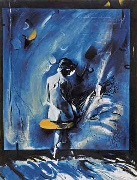 Suonando il piano, 1984, olio e smalti su tela, 205x155cm